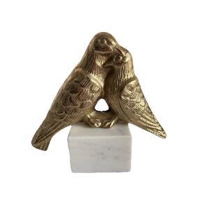 Pair of Love Doves On Marble Alabaster Block 7"W x 6.75"H x 2.75"D Gold White